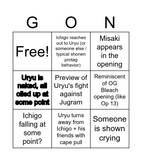 Bleach TYBW Op 3 Bingo Card