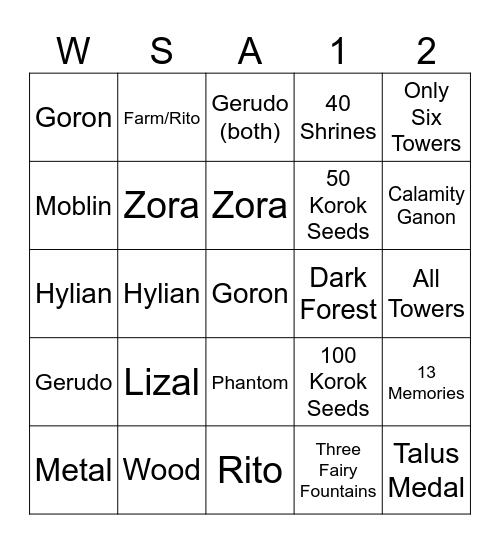 Breath of the Wild Challenge Randomizer Bingo Card