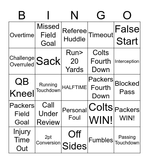 Hall of Fame NFL Packers vs. Colts Game Bingo Card