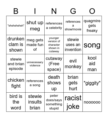 family guy Bingo Card