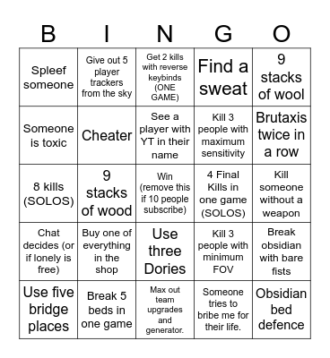 Hive Bedwars Bingo Card