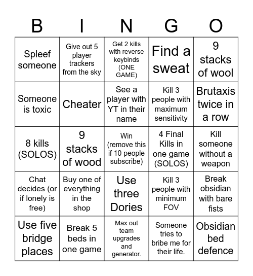 Hive Bedwars Bingo Card