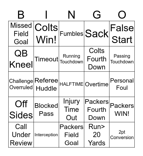 Hall of Fame NFL Packers vs. Colts Game Bingo Card