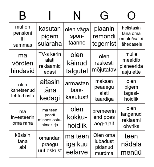 Ettevõtlusõpe ja rahatarkus Bingo Card