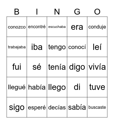 Most Common Verbs/Tenses Bingo Card