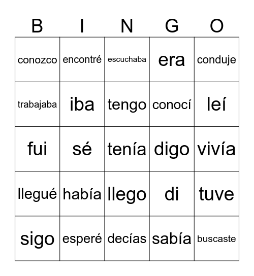 Most Common Verbs/Tenses Bingo Card