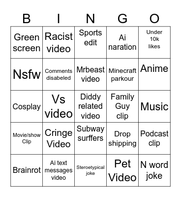 Youtube shorts Bingo Card