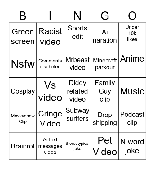 Youtube shorts Bingo Card