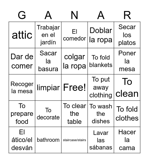 La loteria:  Los Quehaceres y Cuartos de casa (SPA-->ENG) Bingo Card