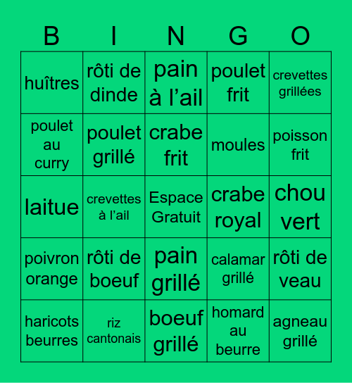 Au restaurant ! Bingo Card