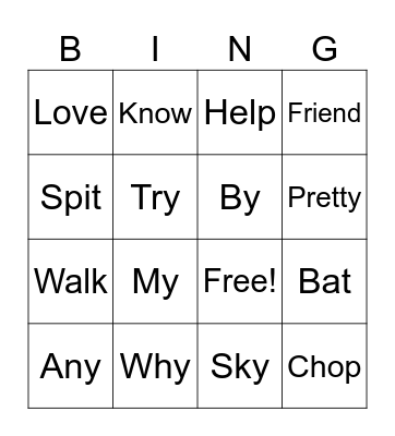 Sight Words Bingo Card