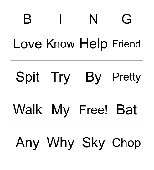 Sight Words Bingo Card