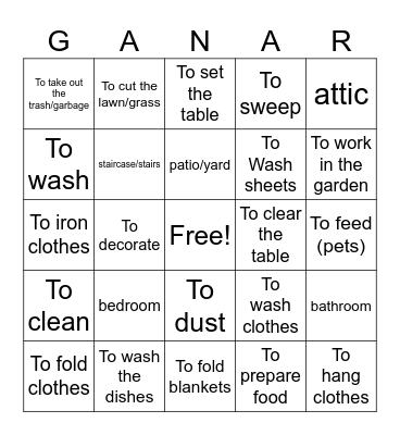 La loteria:  Los Quehaceres y Cuartos de casa (SPA-->ENG) Bingo Card