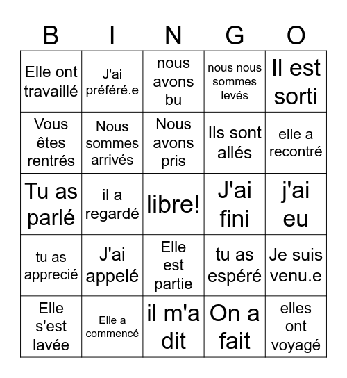 BINGO - Passé Composé Bingo Card