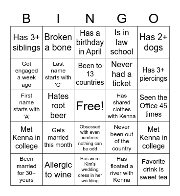 Kenna's Bachelorette Bingo Card