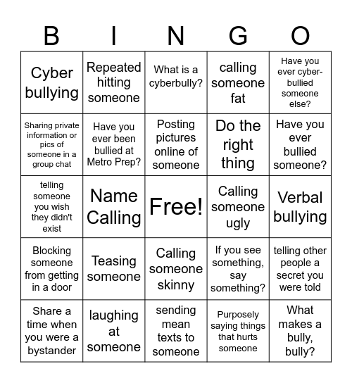 Bully Bingo Card