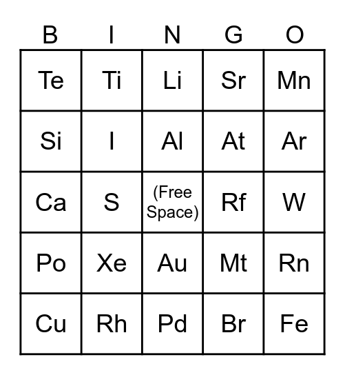 Periodic Table Bingo Card