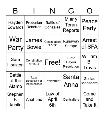 Texas Revolution Bingo Card