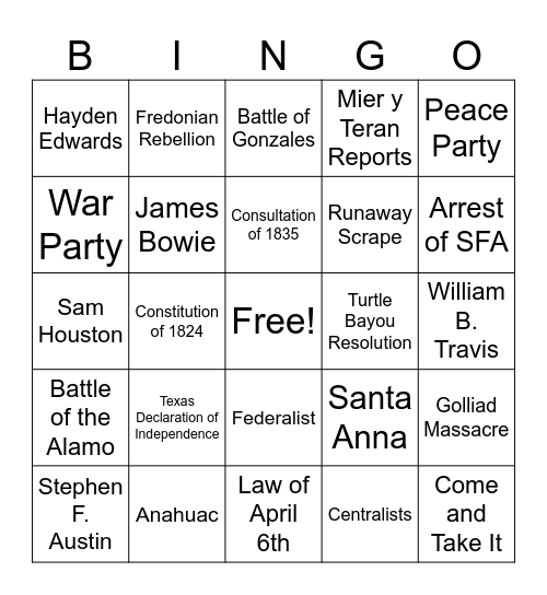 Texas Revolution Bingo Card