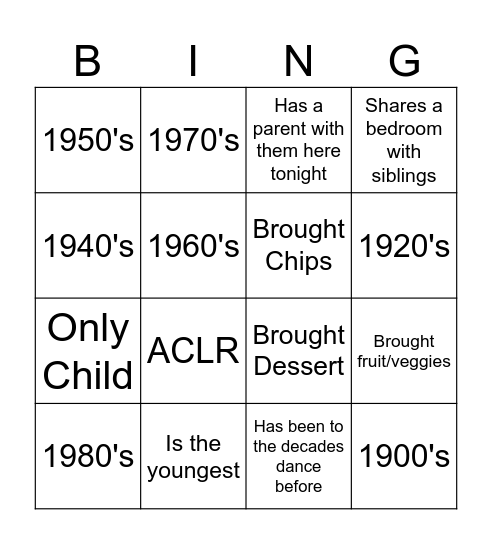 Decades Dance 2024 Bingo Card