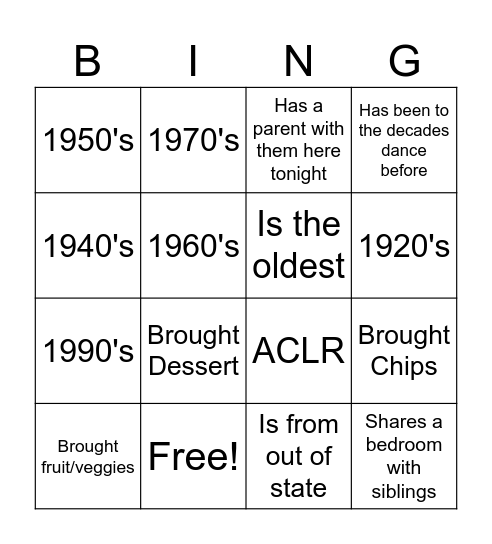 Decades Dance 2024 Bingo Card