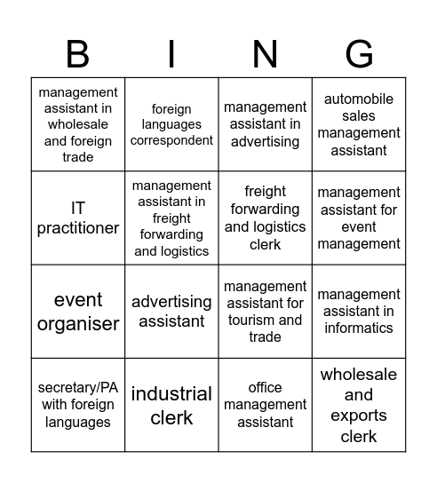 Occupations Bingo Card