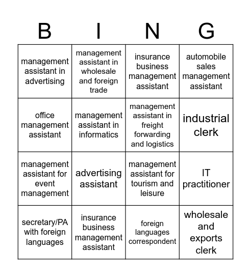 Occupations Bingo Card