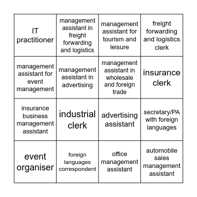 Occupations Bingo Card