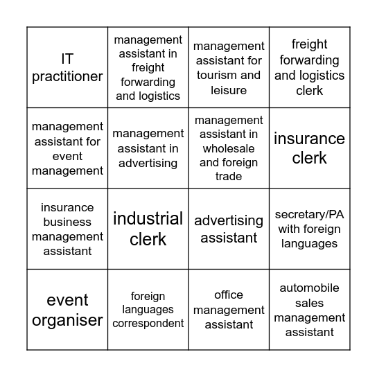 Occupations Bingo Card