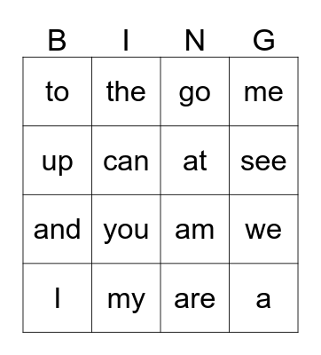 Kindergarten Sight Words 1 Bingo Card