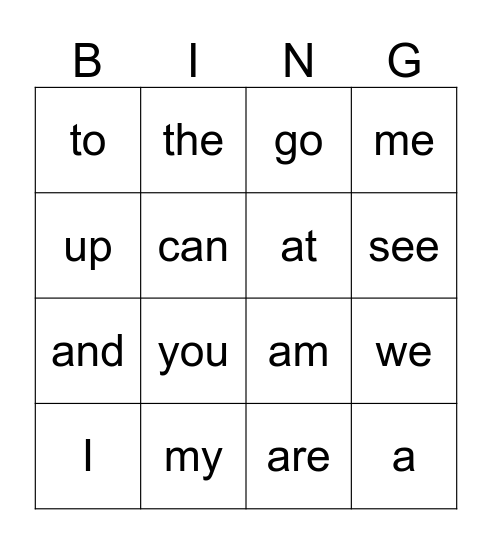 Kindergarten Sight Words 1 Bingo Card