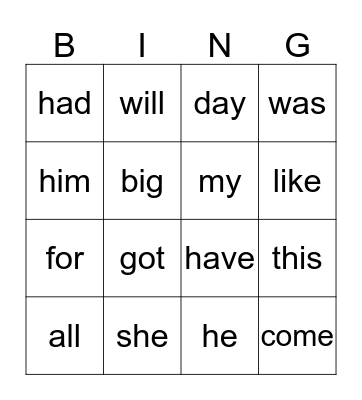 Kindergarten Sight Words 2 Bingo Card