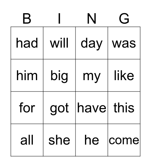 Kindergarten Sight Words 2 Bingo Card