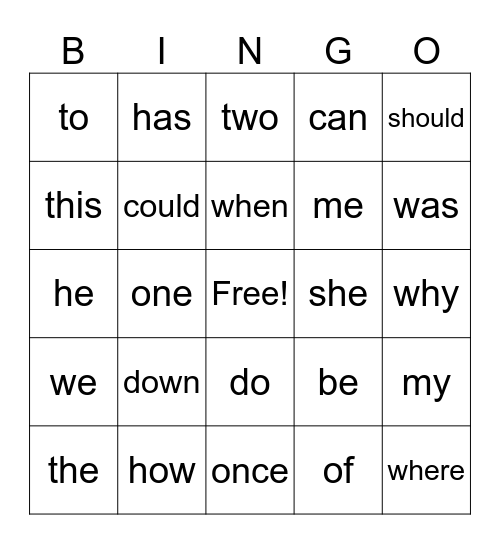 Tricky Word BINGO Card