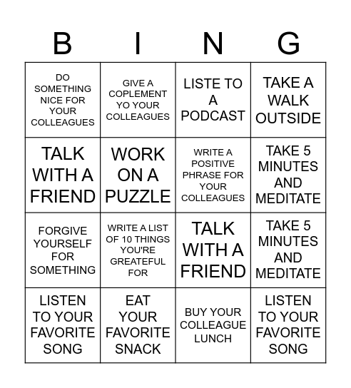 SELF CARE CALENDER Bingo Card