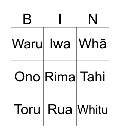 Māori Beano  Bingo Card