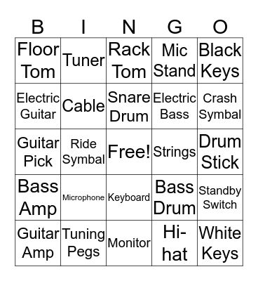 Rock & Roll Instruments Bingo Card