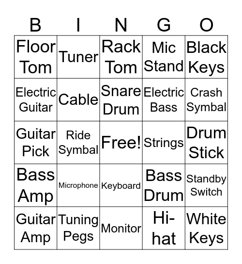 Rock & Roll Instruments Bingo Card