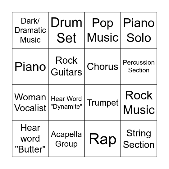 Music Video Bingo Card