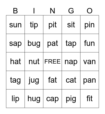 Short a, i, u Bingo Card