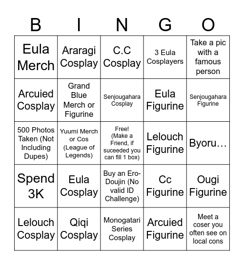 CosMania Bingo Card