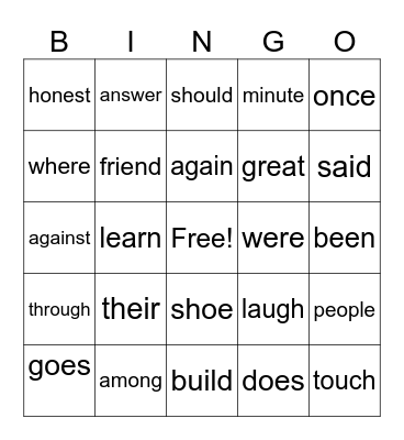 Heart Word Bingo Card
