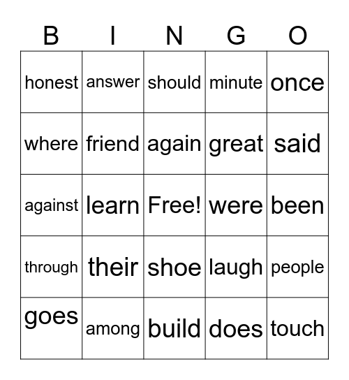 Heart Word Bingo Card