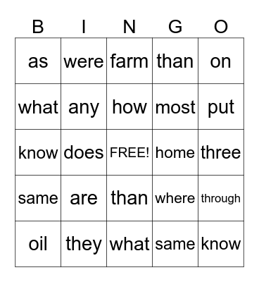 R Controlled Vowels BINGO Card
