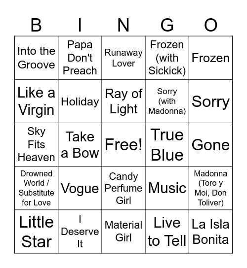 Madonna Music Bingo Round #3 Bingo Card