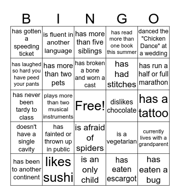 Getting to Know You Bingo Card