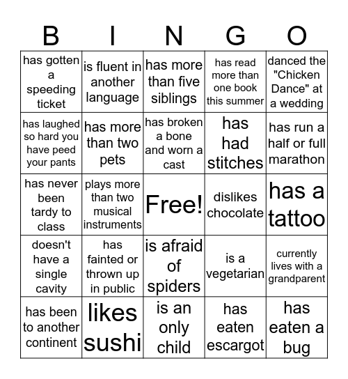 Getting to Know You Bingo Card