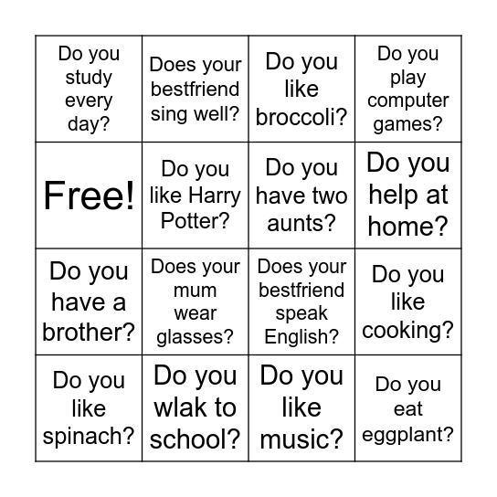 Bingo. Present simple questions Bingo Card