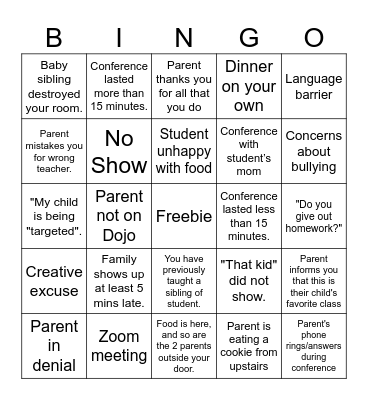 Parent Teacher Conferences Bingo Card