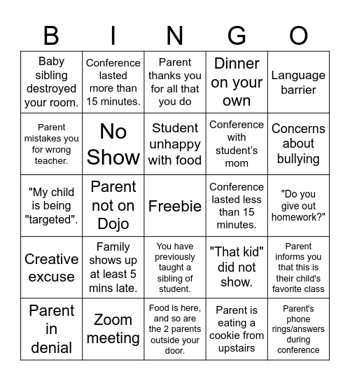 Parent Teacher Conferences Bingo Card